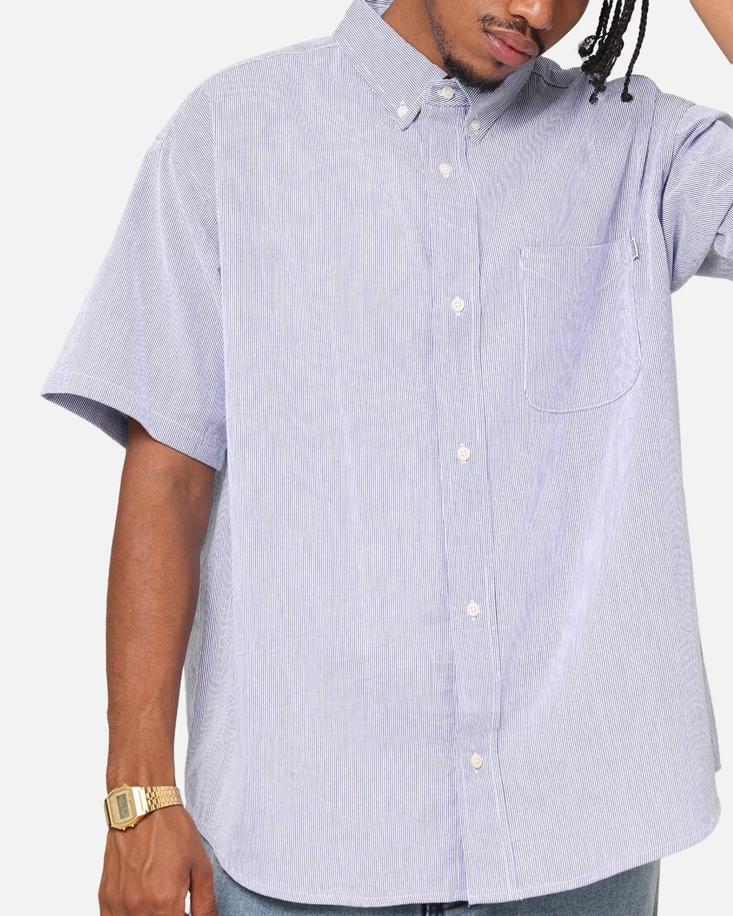 S Double Classic Oxford Button Up Shirt Navy Stripe