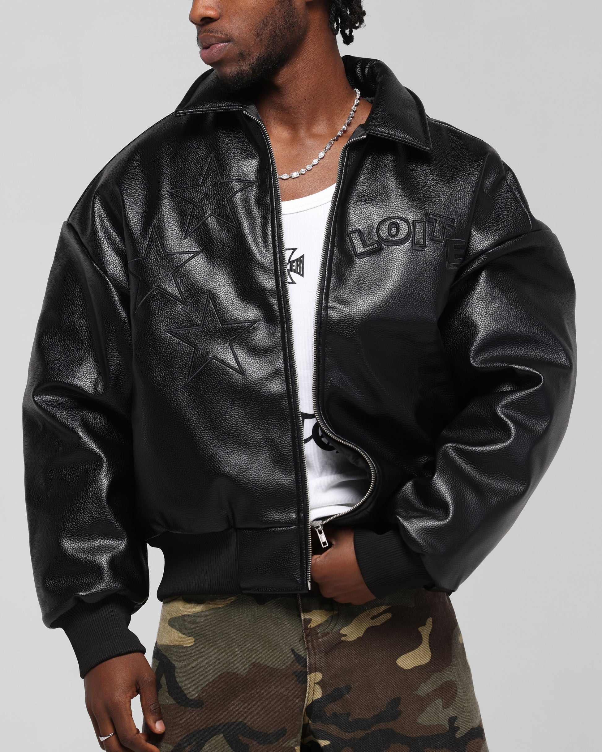 Loiter Solar Vegan Leather Varsity Jacket Black