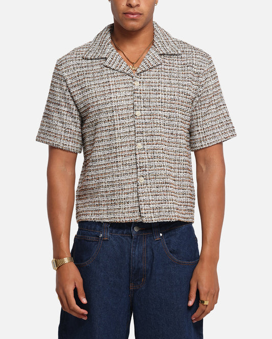 XXIII Boucle Tweed Crop Button Up Shirt Cream/Brown