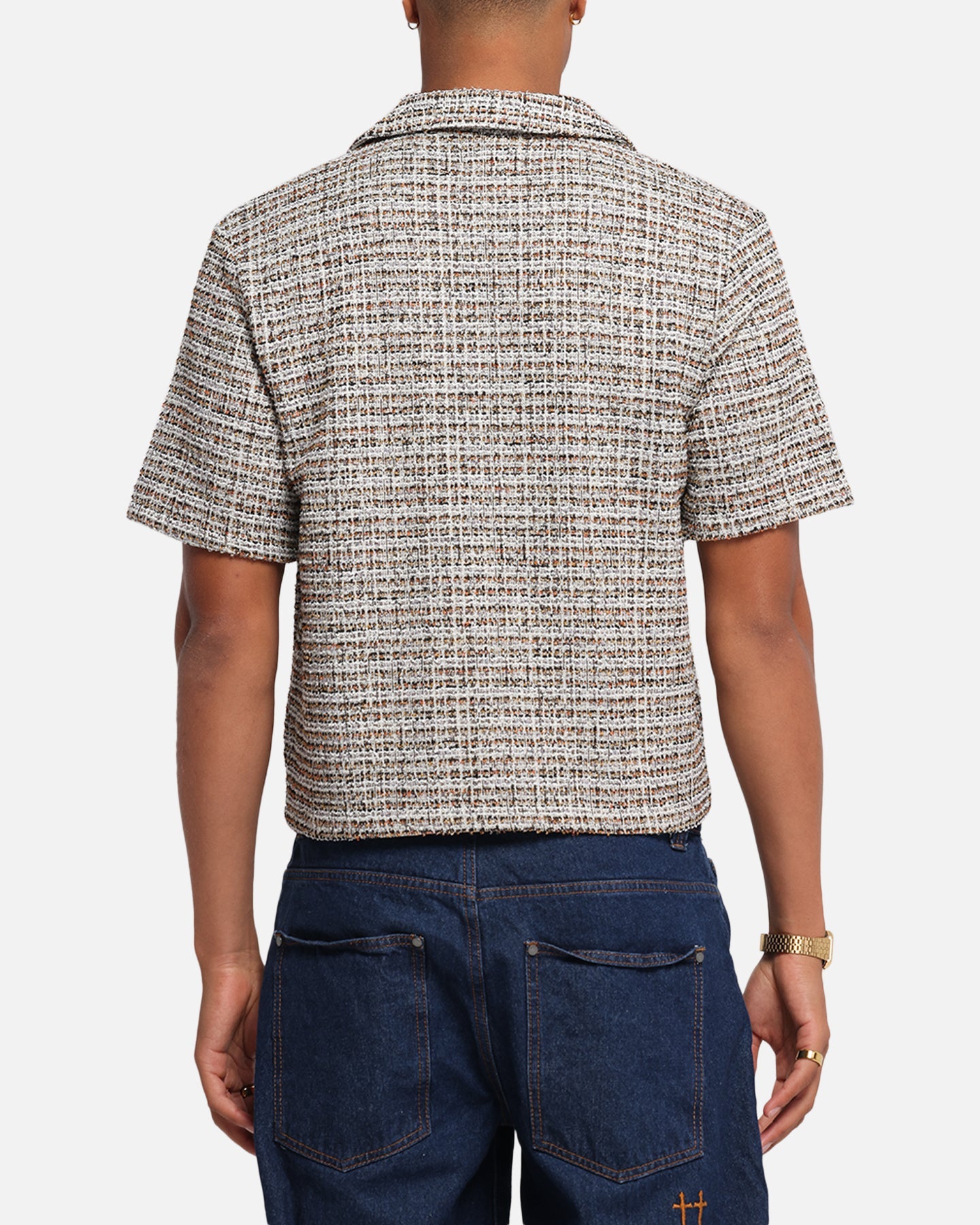 XXIII Boucle Tweed Crop Button Up Shirt Cream/Brown