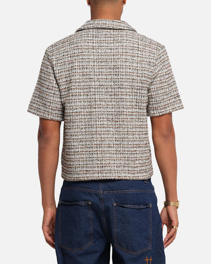 XXIII Boucle Tweed Crop Button Up Shirt Cream/Brown