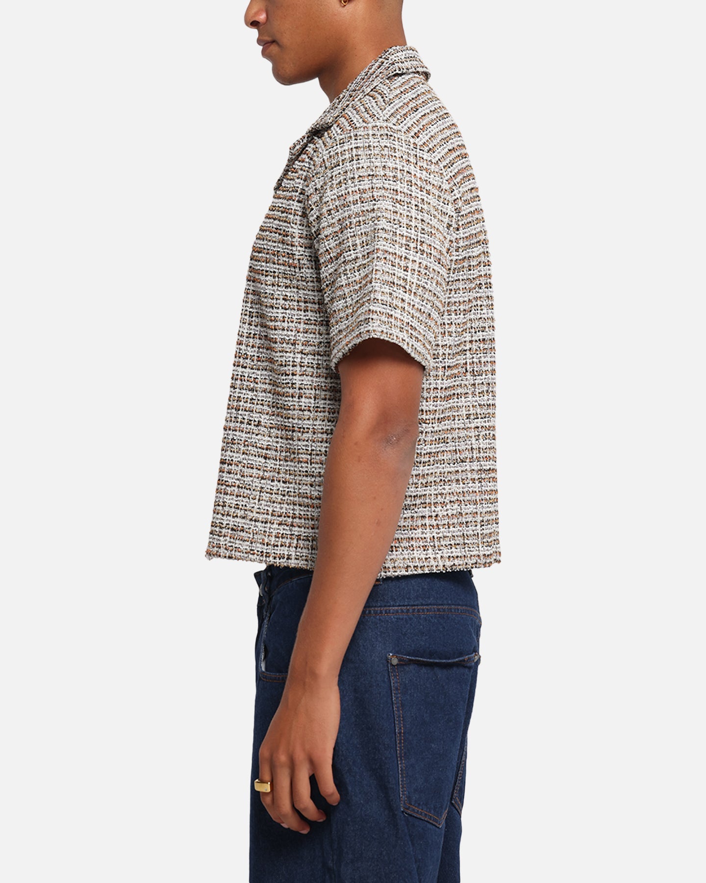 XXIII Boucle Tweed Crop Button Up Shirt Cream/Brown