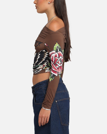 Ed Hardy Women's Eagle Long Sleeve T-Shirt Brown