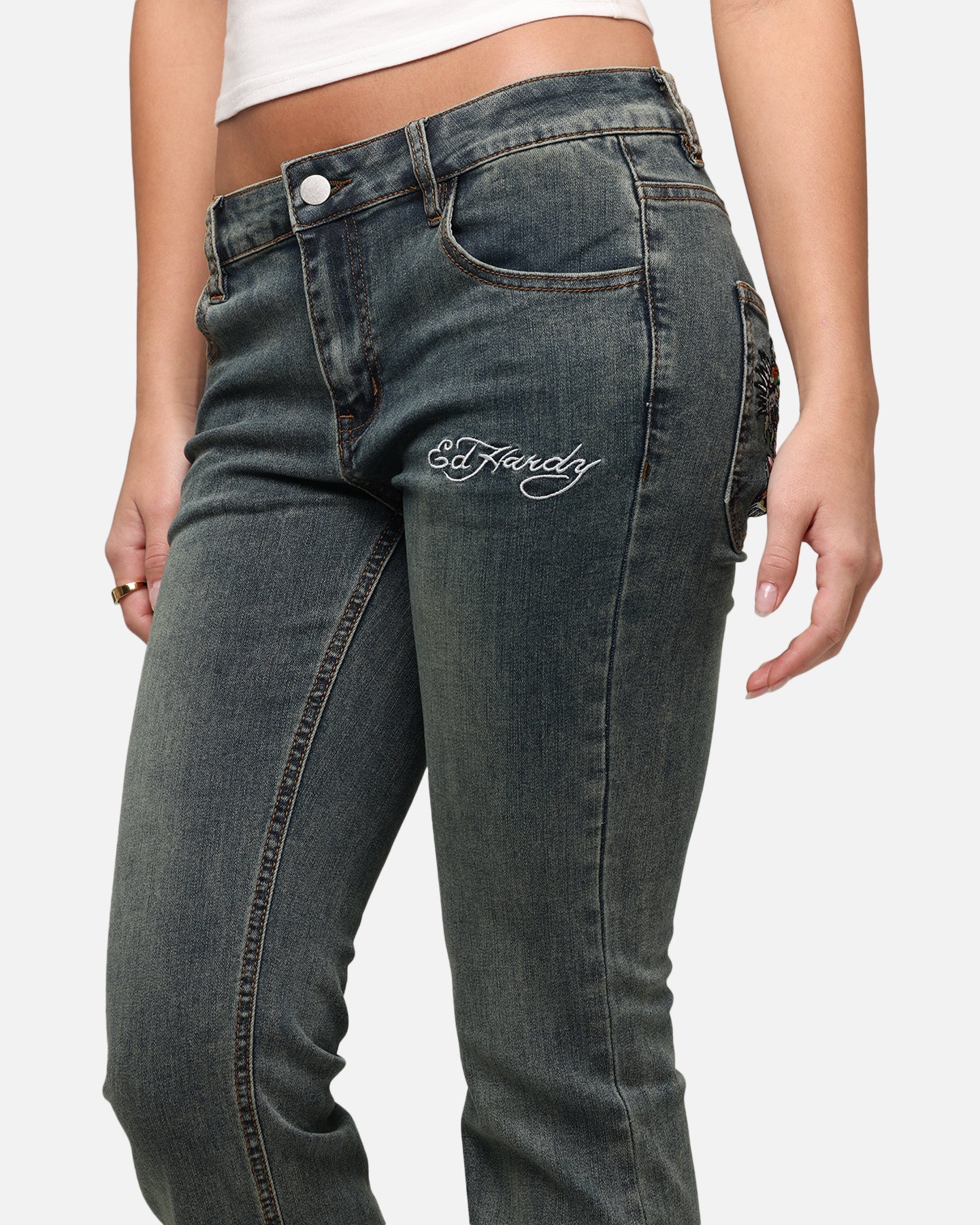 Ed Hardy Women's Tiger Bootcut Jeans Dirty Blue
