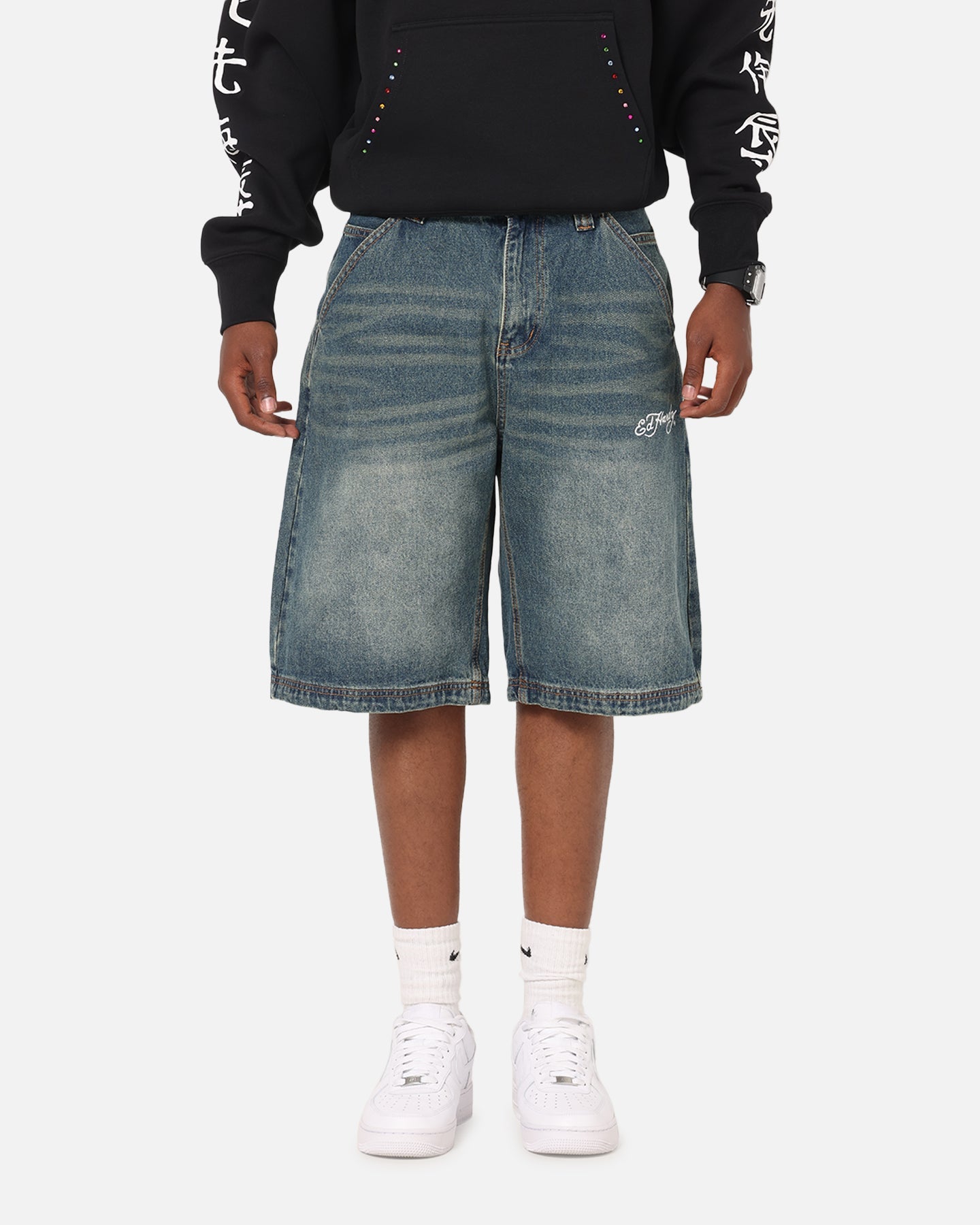 Ed Hardy Brave Hearts Jorts Washed Indigo